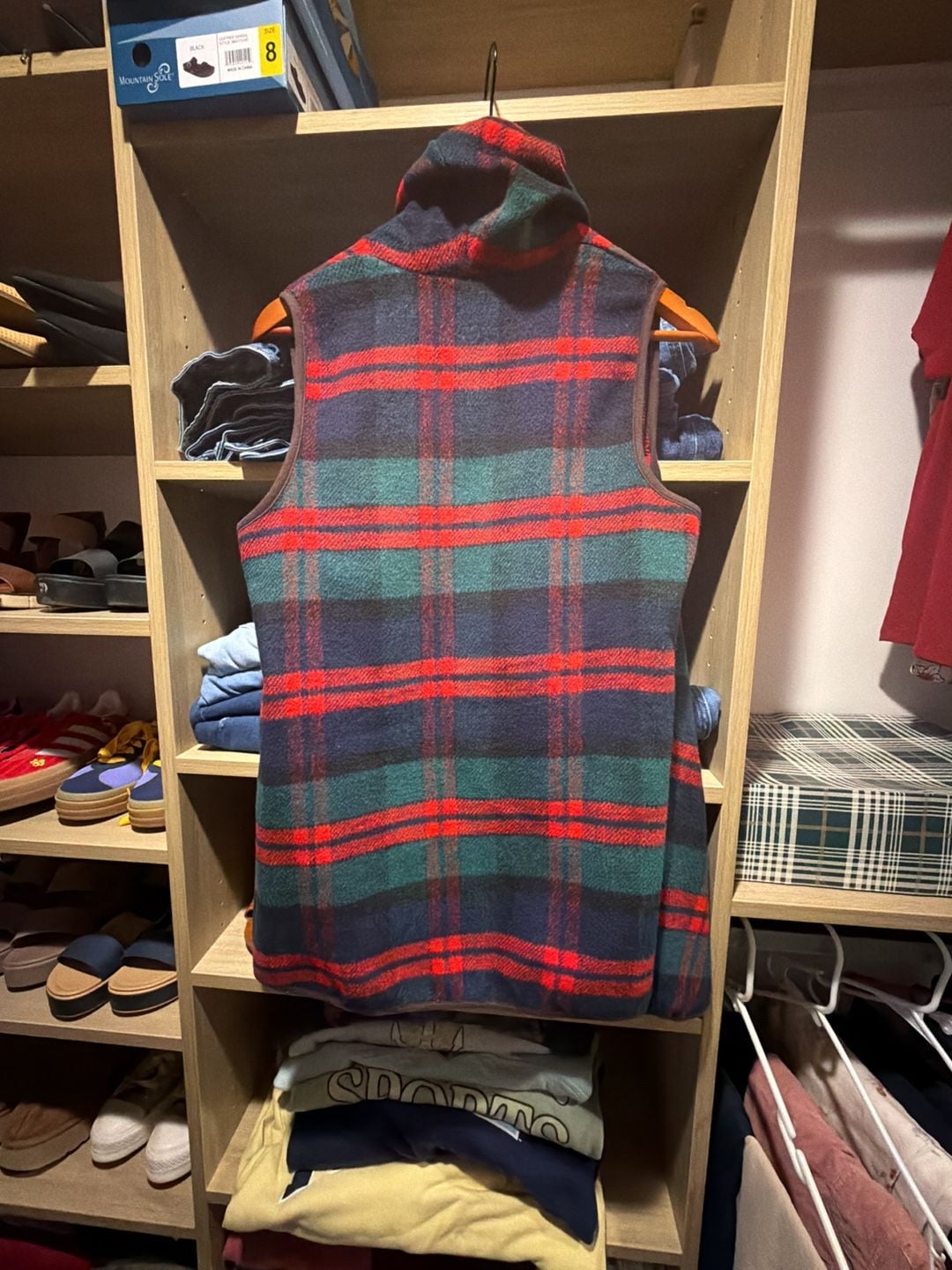 PEACH LOVE womens small red green blue plaid tartan open front vest 5