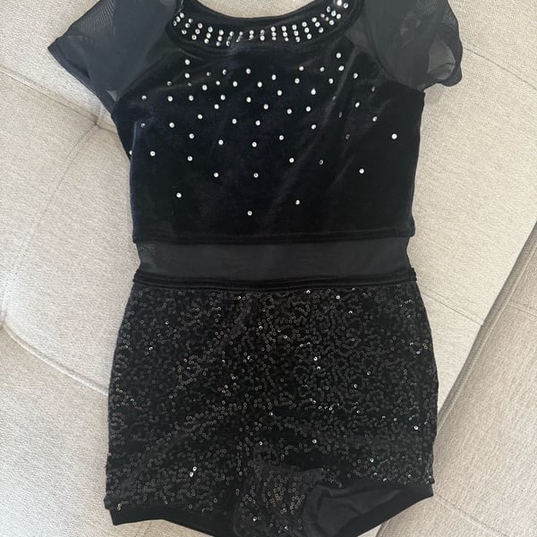 Weissman Black Sequin Velvet Rhinestone Two-Piece Dance Costume