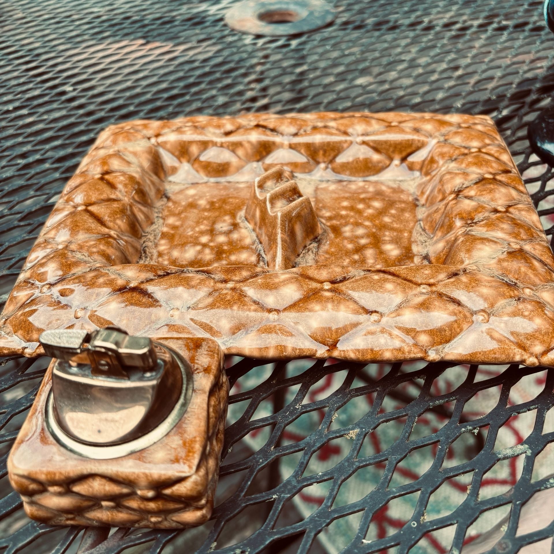 Vintage Hand-Crafted Glazed Ceramic Ashtray and Lighter Set Signed Janette '77 1