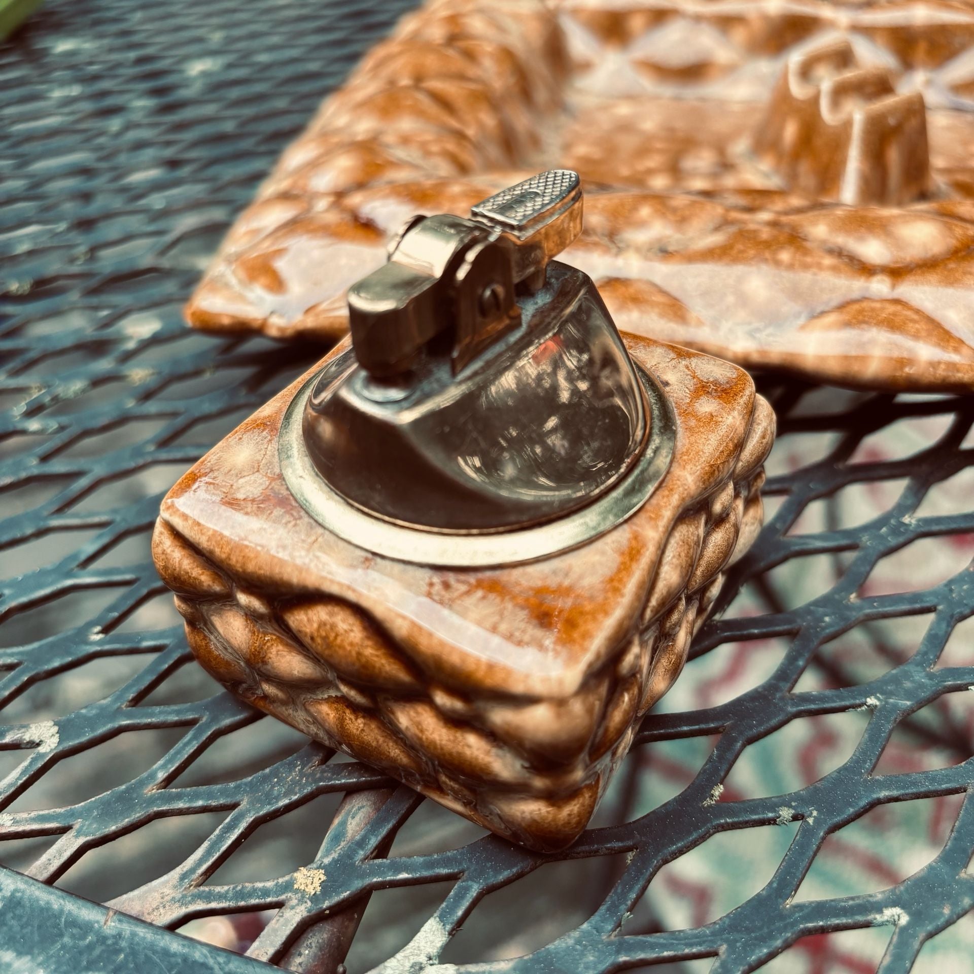 Vintage Hand-Crafted Glazed Ceramic Ashtray and Lighter Set Signed Janette '77 5