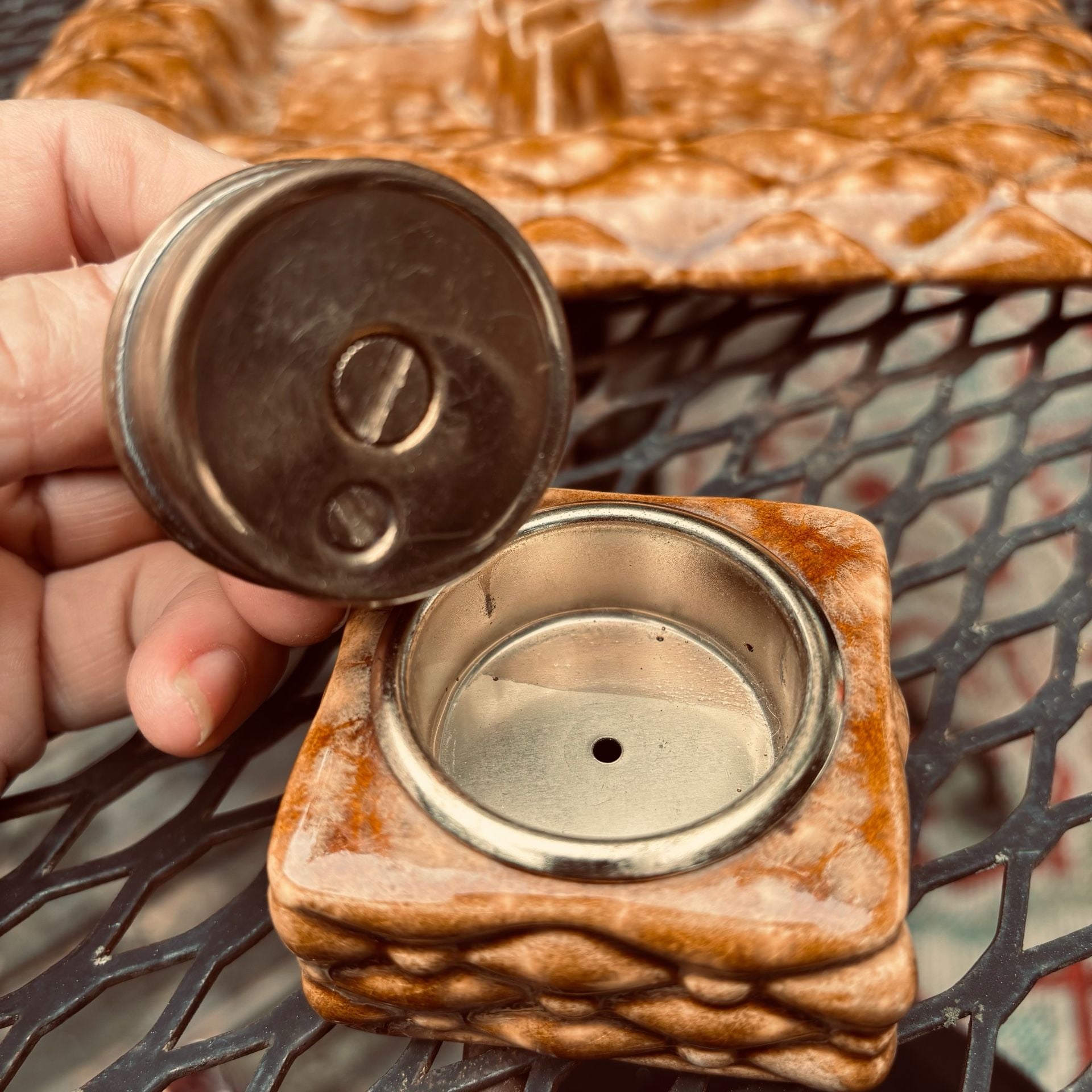 Vintage Hand-Crafted Glazed Ceramic Ashtray and Lighter Set Signed Janette '77 9