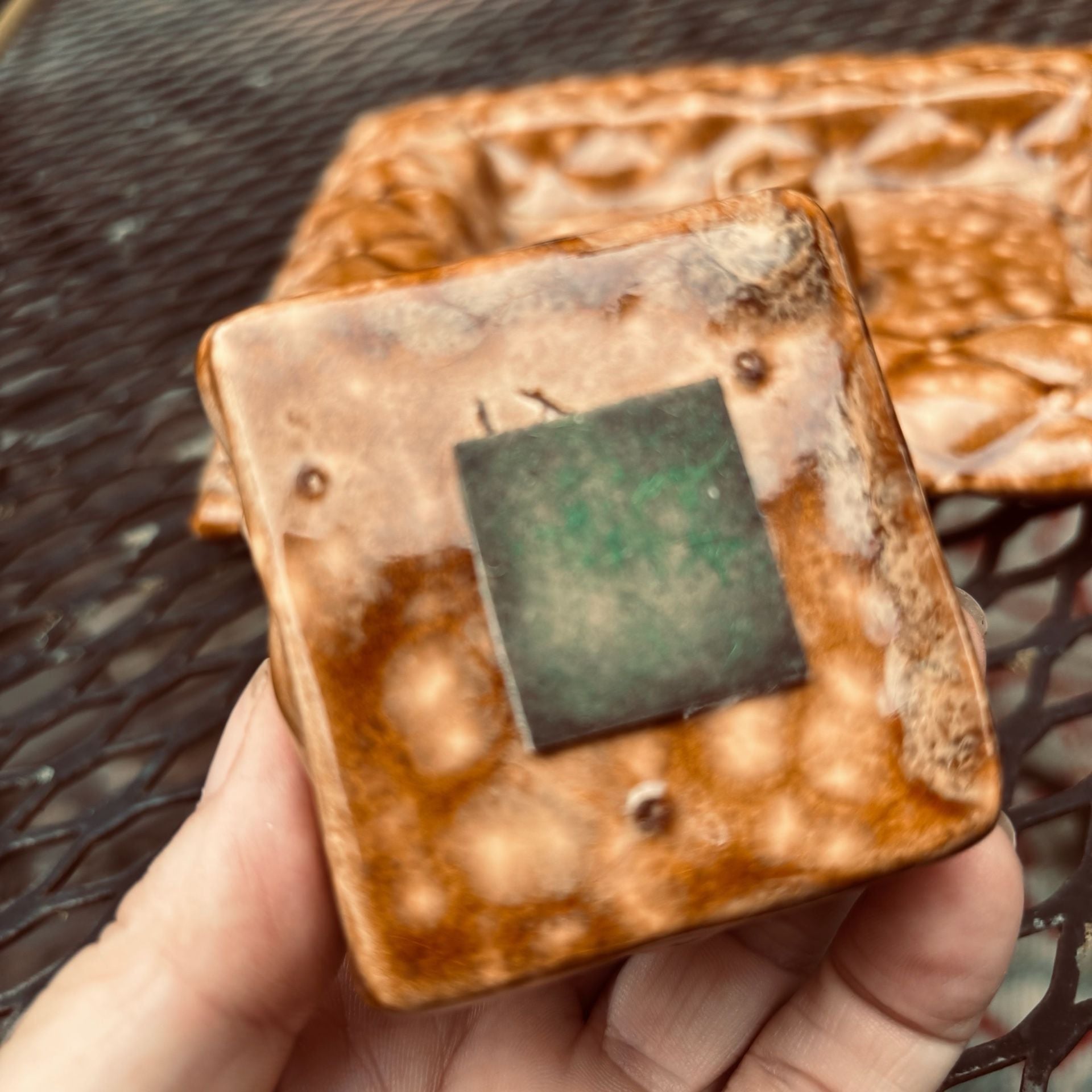 Vintage Hand-Crafted Glazed Ceramic Ashtray and Lighter Set Signed Janette '77 2