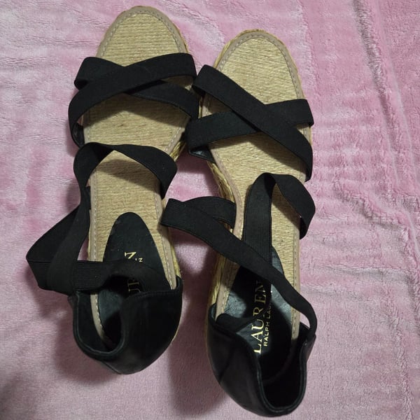 Lauren Ralph Lauren Cortney Black Elastic Strap Espadrille Wedge Sandals