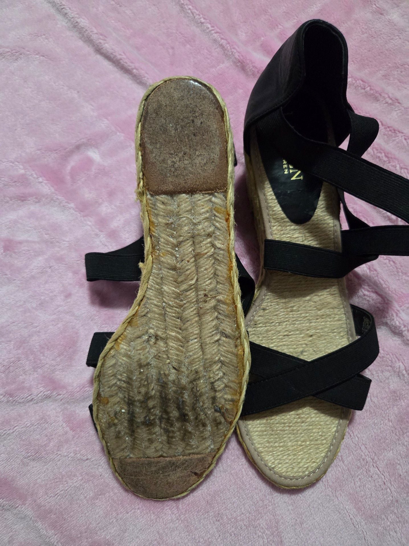 Lauren Ralph Lauren Cortney Black Elastic Strap Espadrille Wedge Sandals 8
