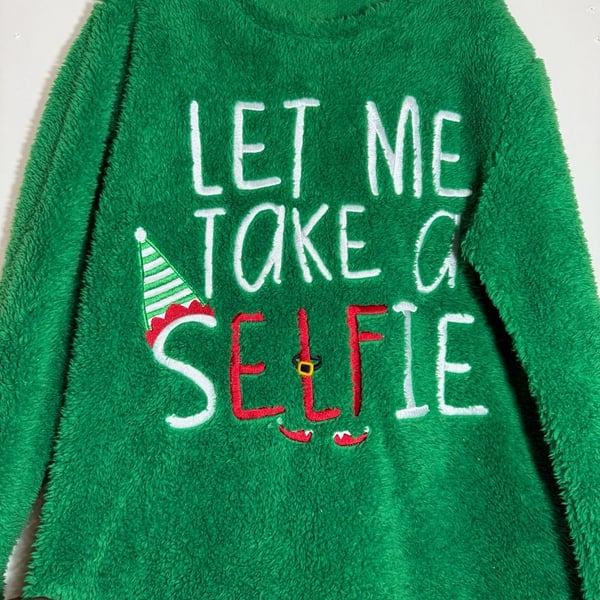 Women's Fuzzy Green Christmas Elf Sweatshirt "Let Me Take A Selfie"