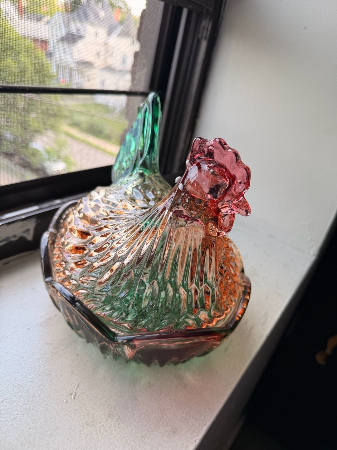 Rainbow Iridescent Glass Hen on Nest Candy Dish 1