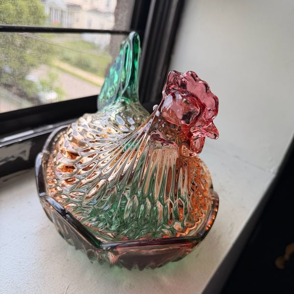 Rainbow Iridescent Glass Hen on Nest Candy Dish