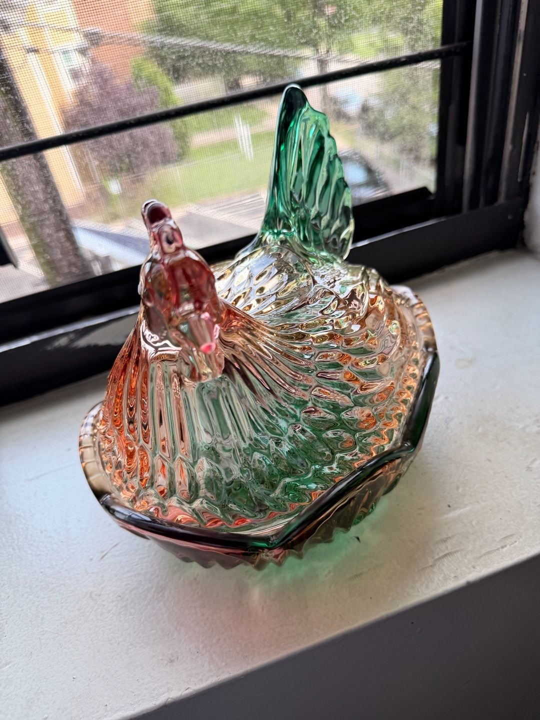 Rainbow Iridescent Glass Hen on Nest Candy Dish 5