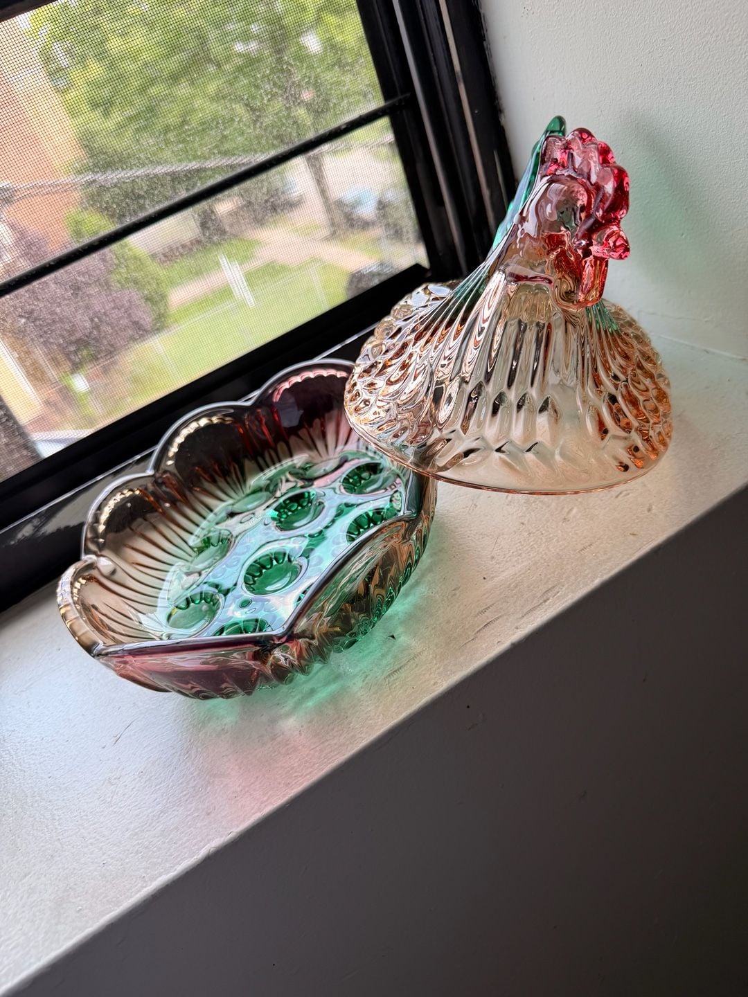 Rainbow Iridescent Glass Hen on Nest Candy Dish 7