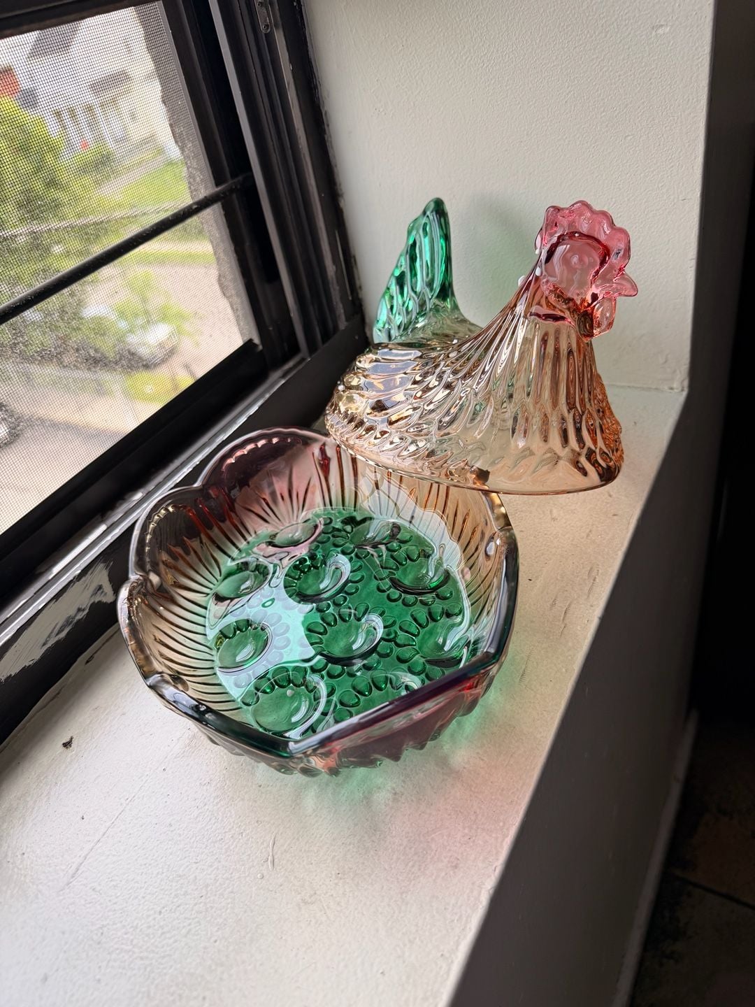 Rainbow Iridescent Glass Hen on Nest Candy Dish 8
