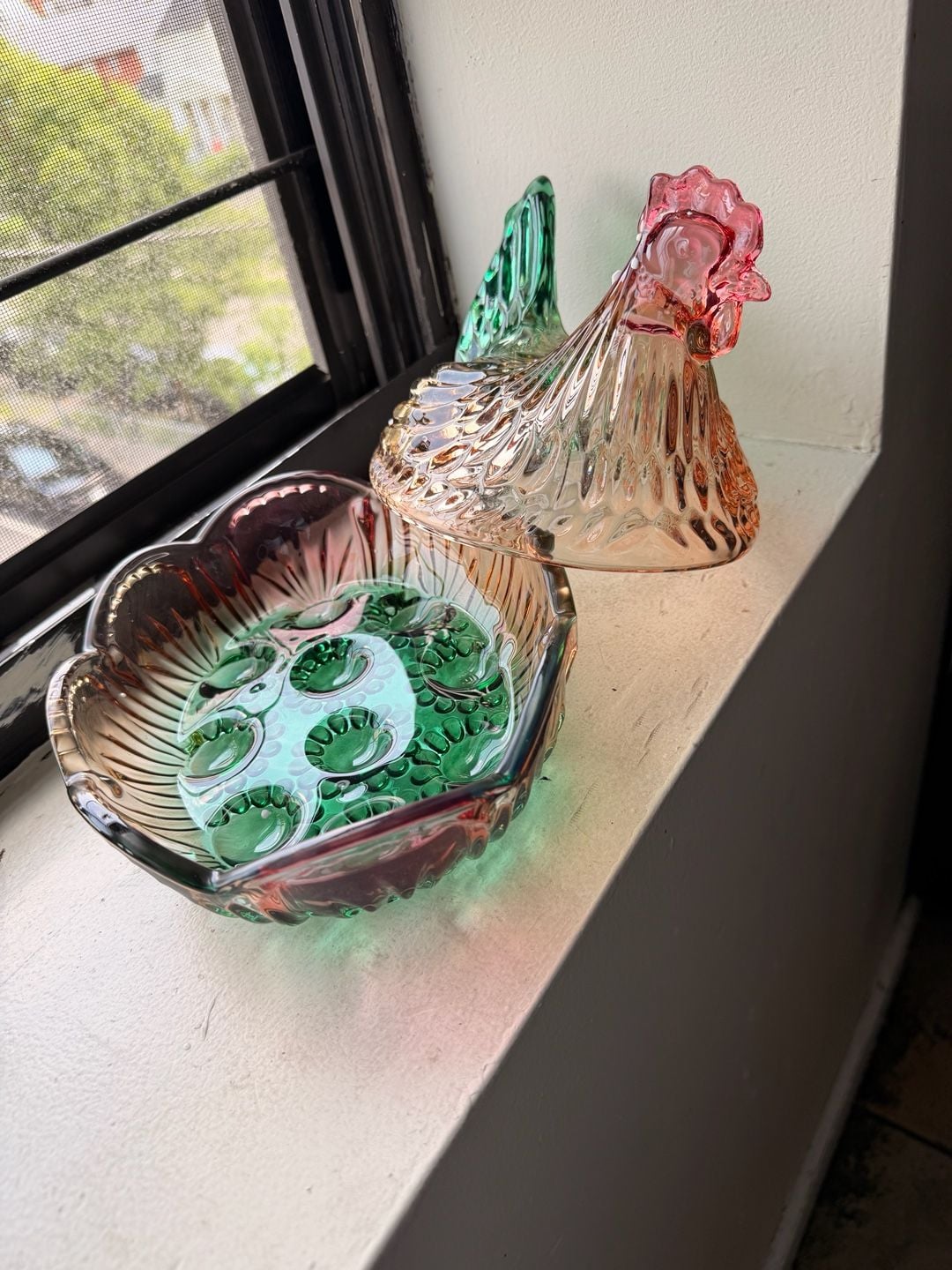 Rainbow Iridescent Glass Hen on Nest Candy Dish 9