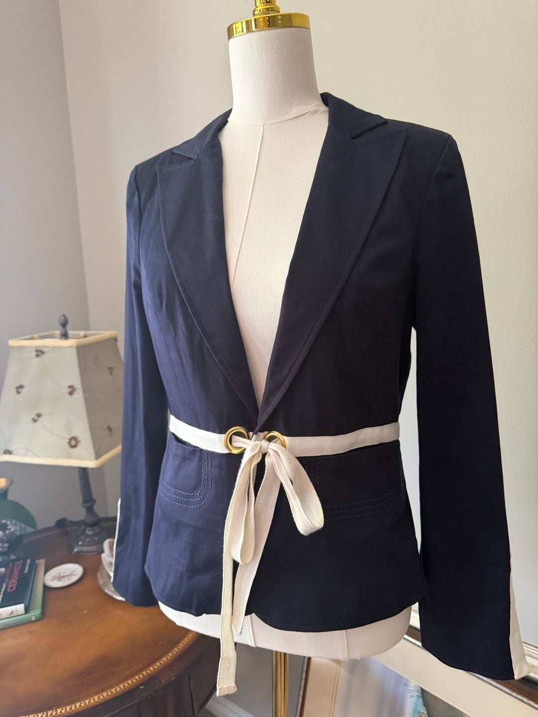 Cotton Blend Nautical Tie Waist Blazer Navy Cream Jacket 2