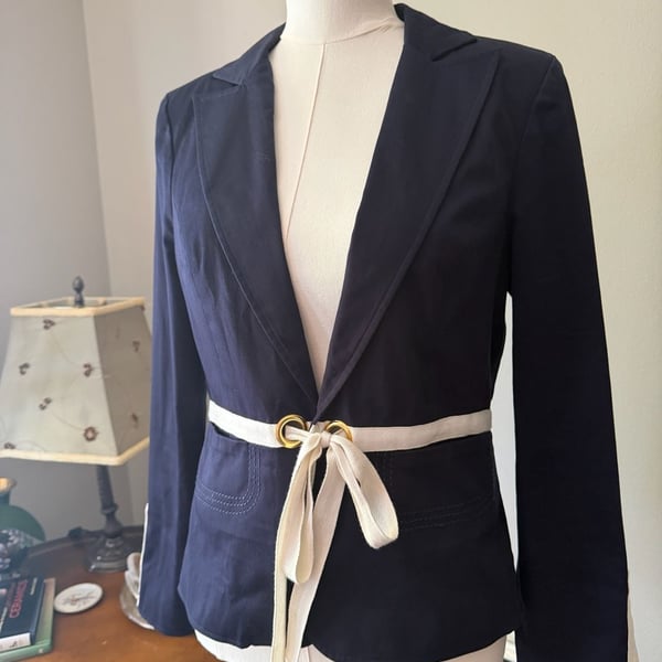 Cotton Blend Nautical Tie Waist Blazer Navy Cream Jacket
