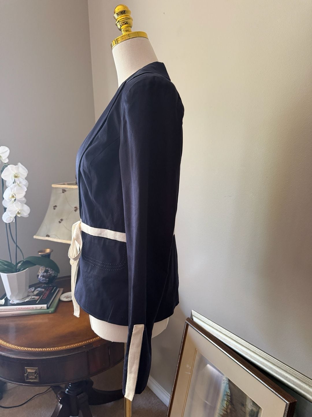 Cotton Blend Nautical Tie Waist Blazer Navy Cream Jacket 3