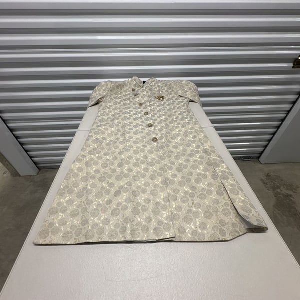 Men's Cream Floral Brocade Sherwani with Gold Brooch
