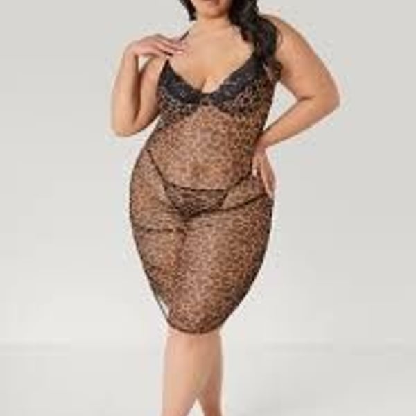 Ashley Stewart Ruched Mesh Animal Print Chemise Set