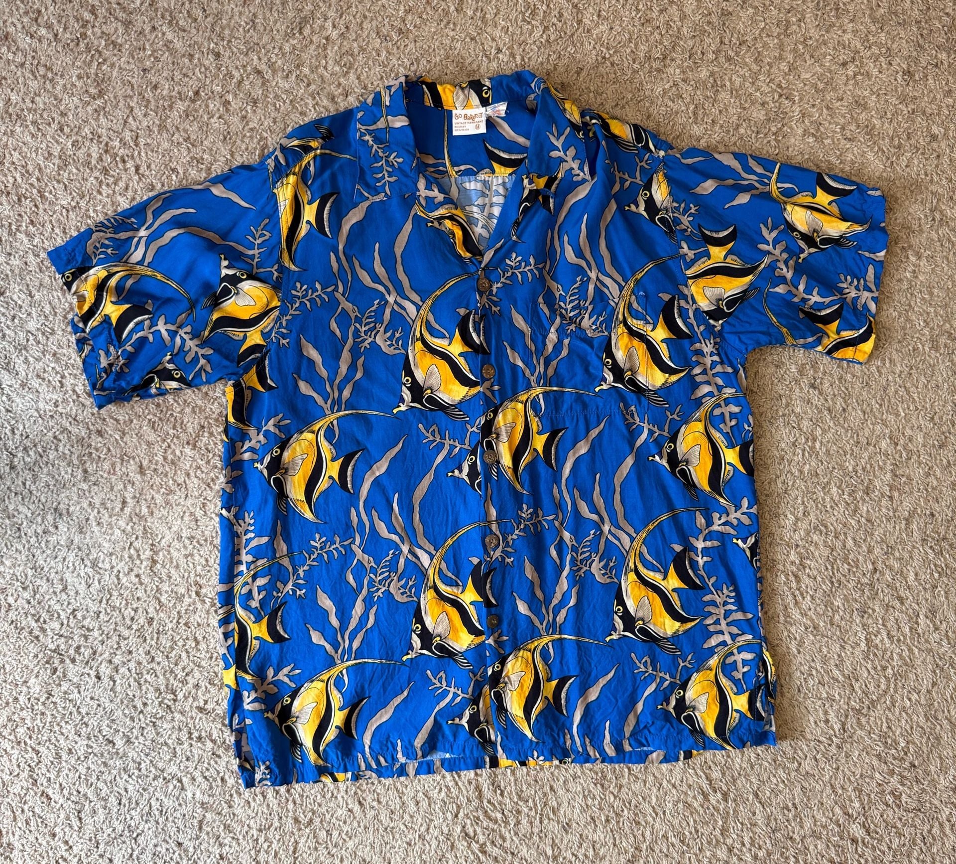 Go Barefoot Vintage Hawaiian Angel Fish Rayon Aloha Shirt 1