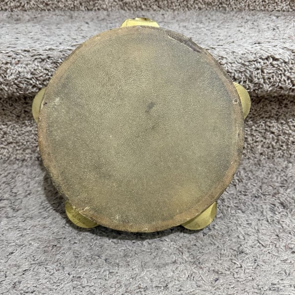 Vintage Handcrafted Egyptian Riq Tambourine with Geometric Inlay and Brass Cymbals