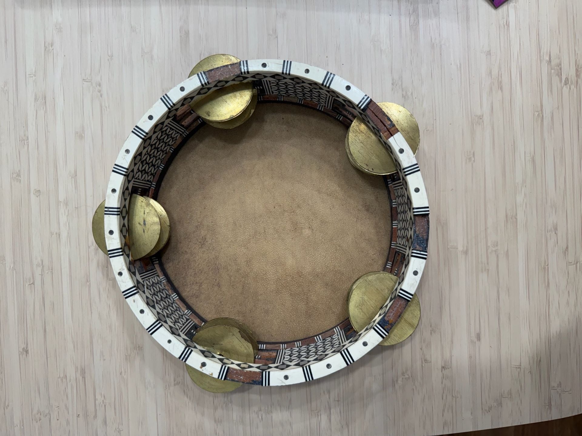 Vintage Handcrafted Egyptian Riq Tambourine with Geometric Inlay and Brass Cymbals 2