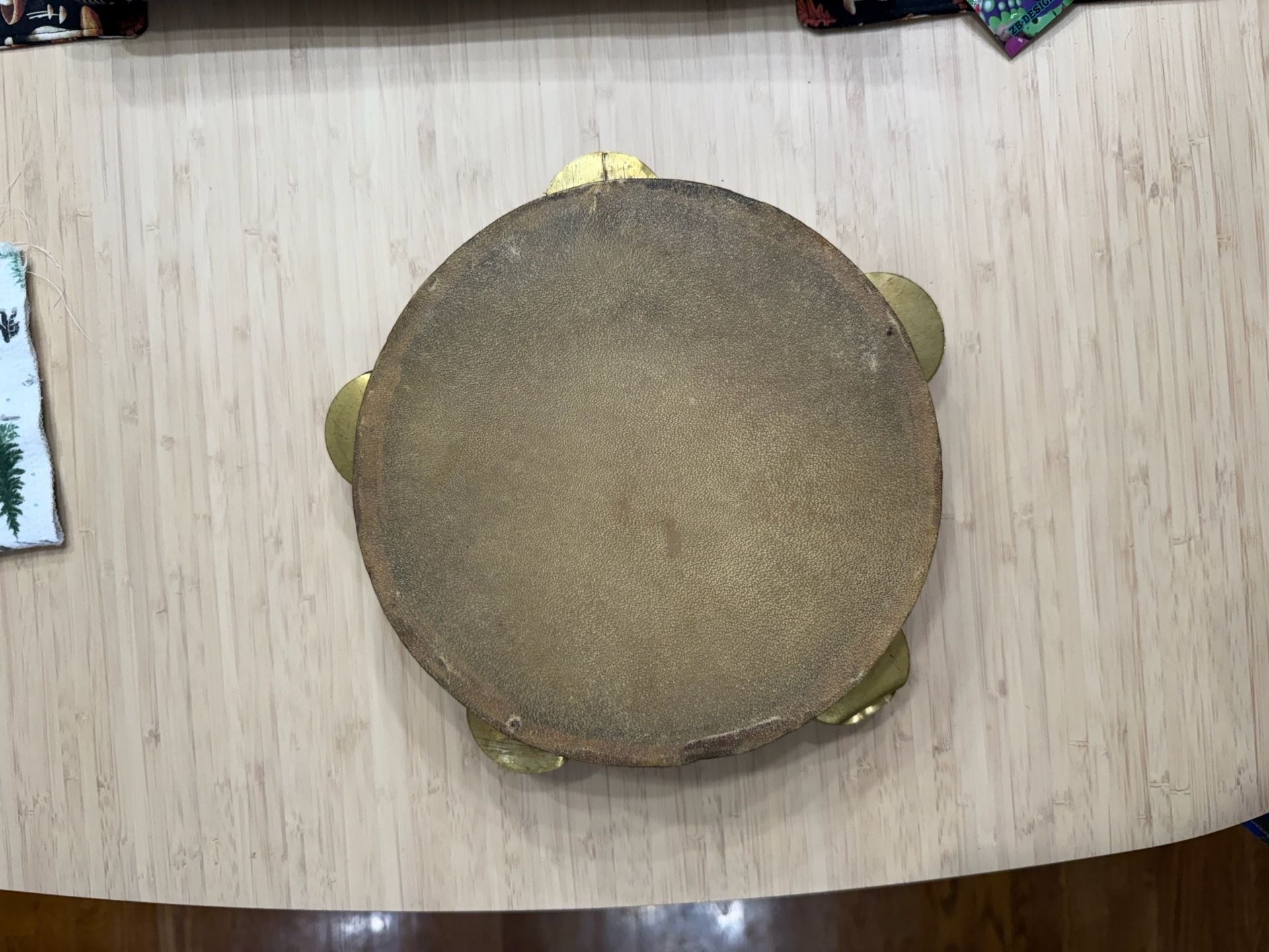 Vintage Handcrafted Egyptian Riq Tambourine with Geometric Inlay and Brass Cymbals 3