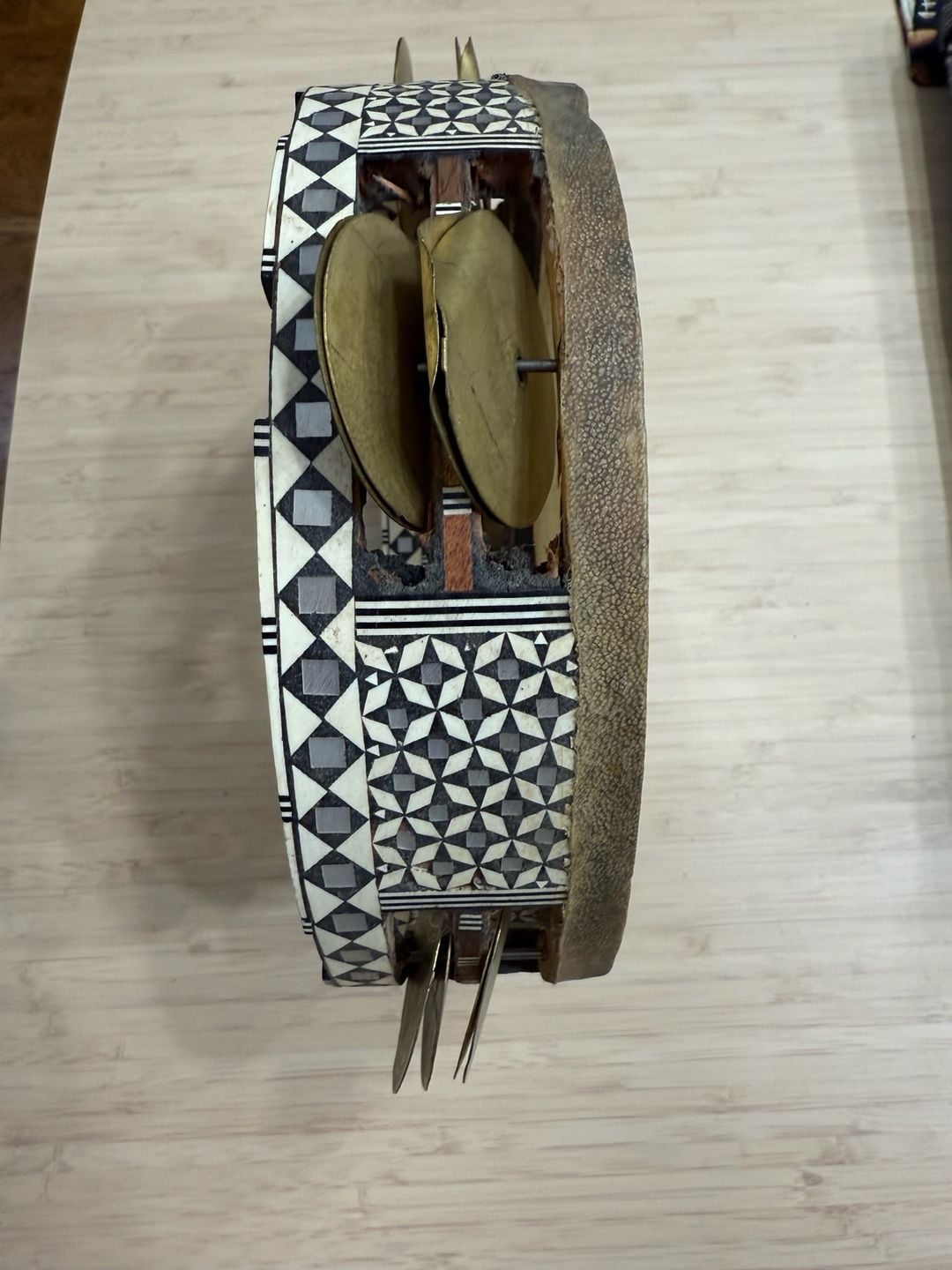 Vintage Handcrafted Egyptian Riq Tambourine with Geometric Inlay and Brass Cymbals 4