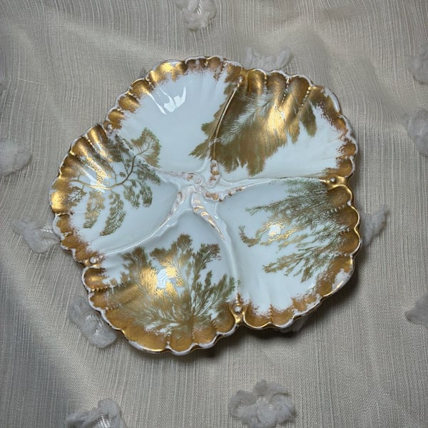 Antique Limoges France Five-Well Oyster Plate with Gold Gilt Fern Design