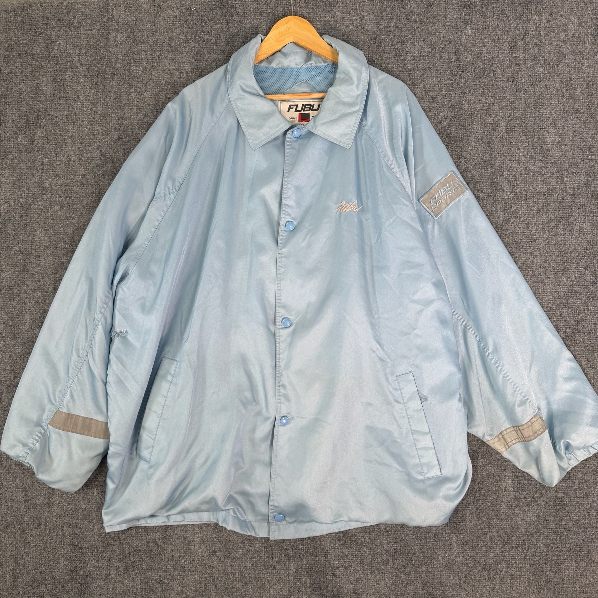 Vintage FUBU Sports Coaches Jacket Light Blue Satin 2