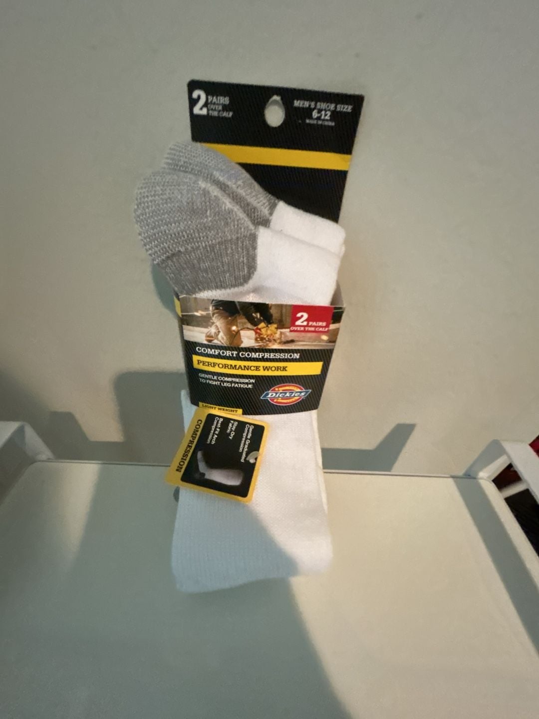 Dickies Men Comfort Compression Over-the-Calf Work Socks, 2-Pair, White, Size 6-12 3