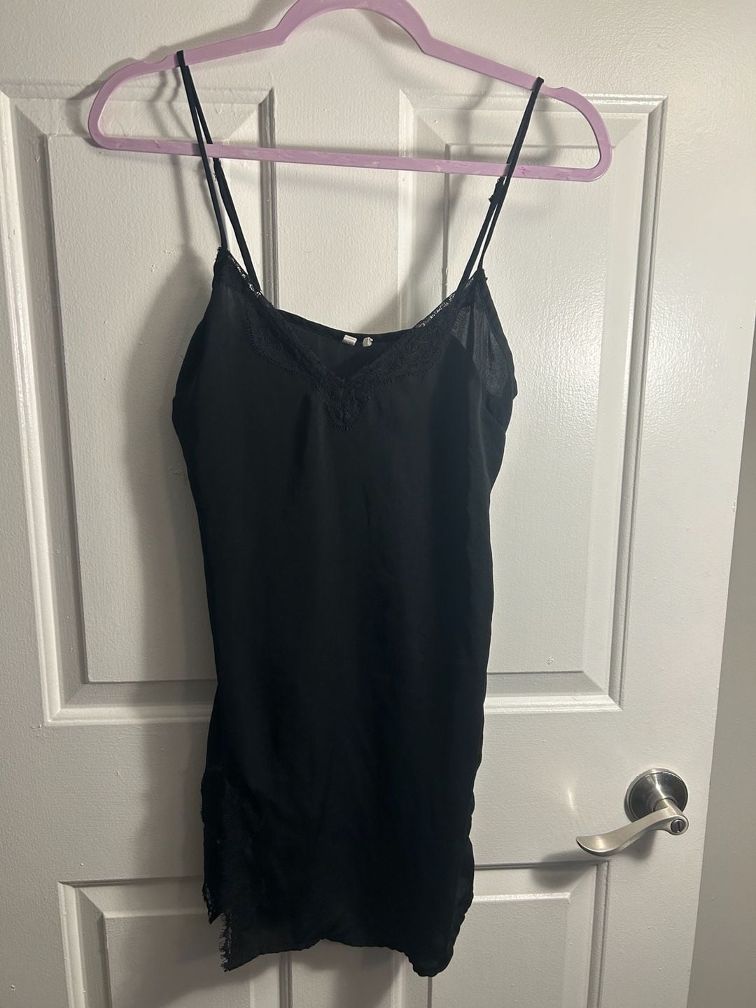 Out From Under Black Satin Lace-Trim Asymmetric Slip Dress 1