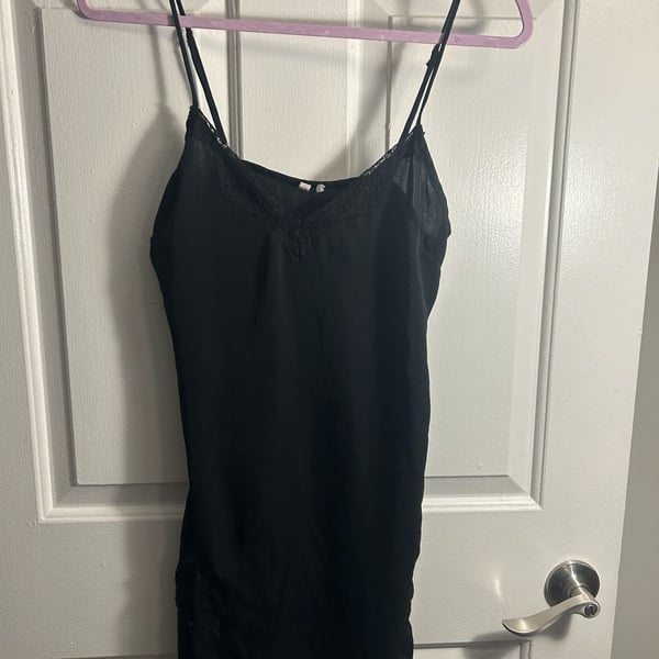 Out From Under Black Satin Lace-Trim Asymmetric Slip Dress