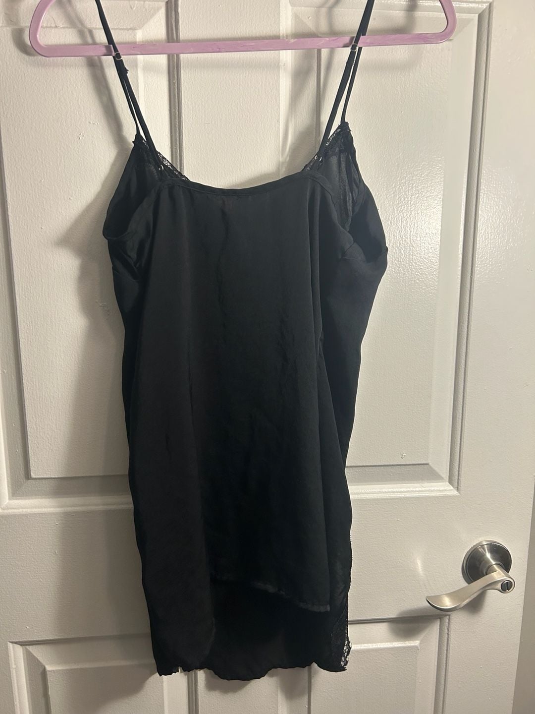 Out From Under Black Satin Lace-Trim Asymmetric Slip Dress 4