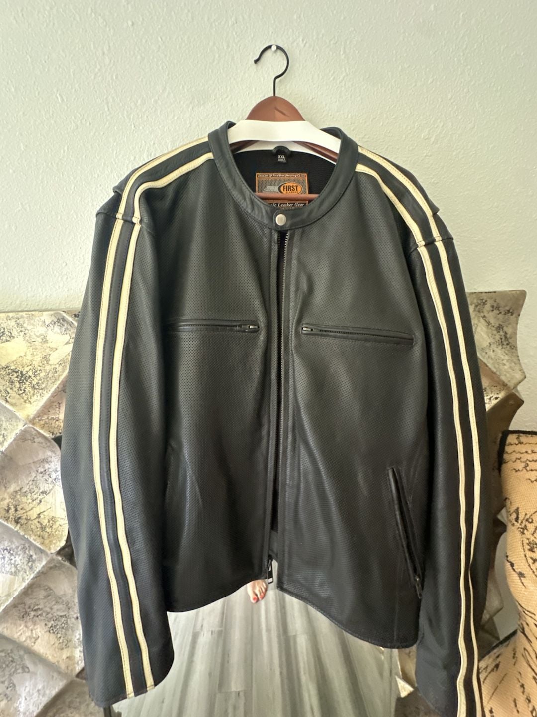 Classics Men's Perforated Black Leather Motorcycle Jacket with Racing Stripes 3