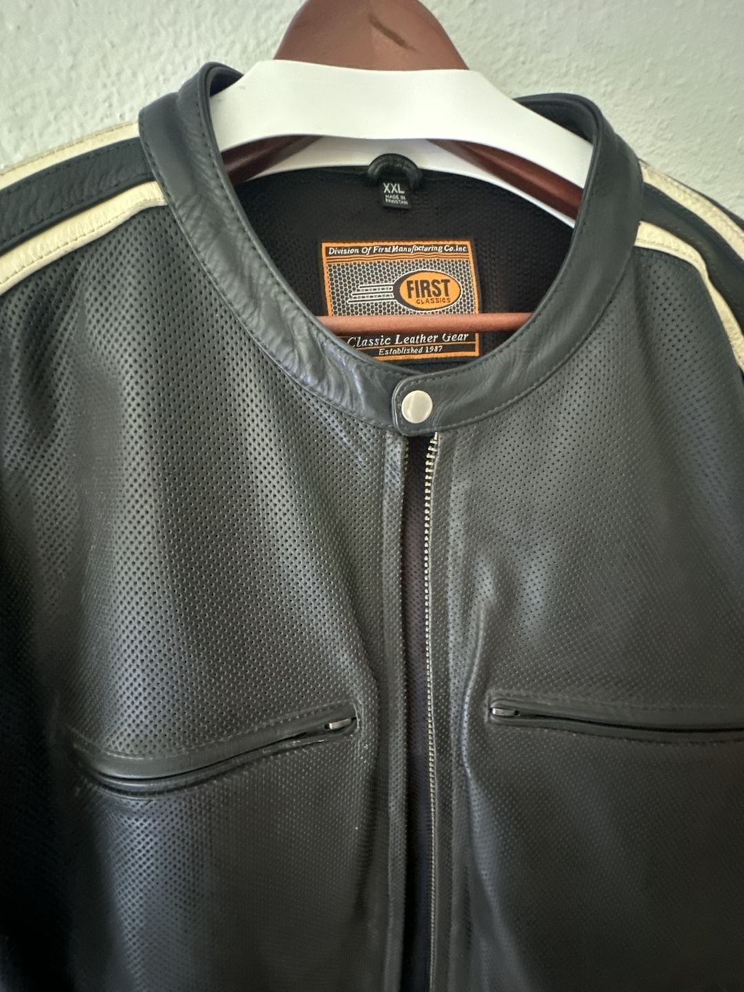 Classics Men's Perforated Black Leather Motorcycle Jacket with Racing Stripes 4
