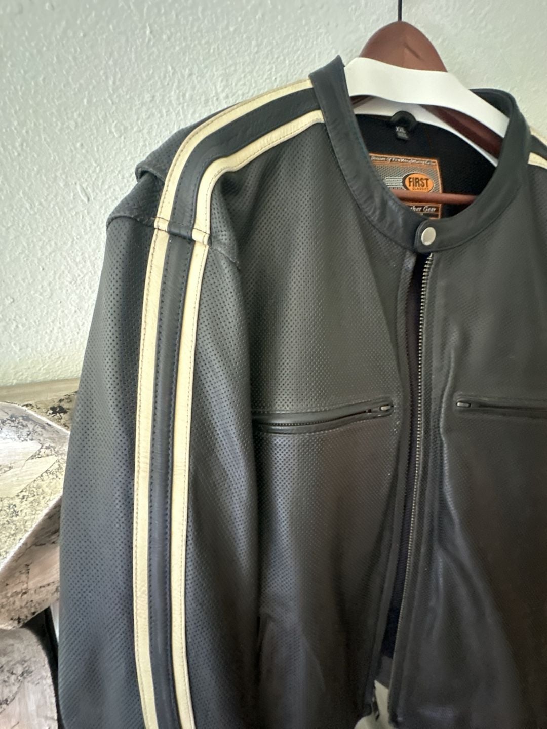 Classics Men's Perforated Black Leather Motorcycle Jacket with Racing Stripes 5