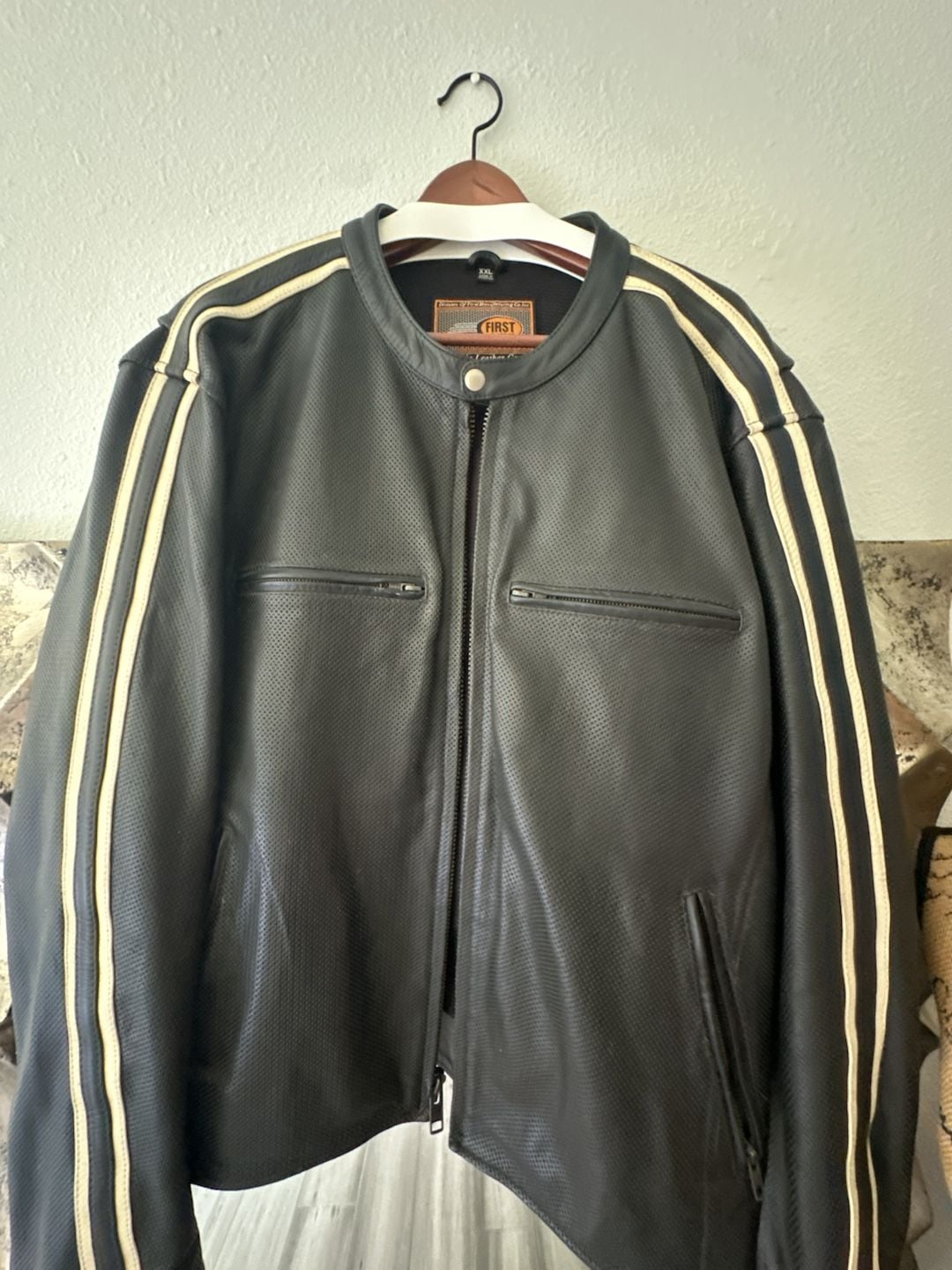 Classics Men's Perforated Black Leather Motorcycle Jacket with Racing Stripes 6