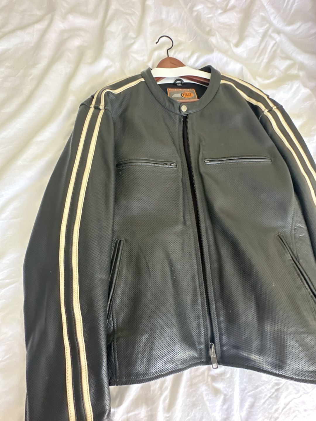 Classics Men's Perforated Black Leather Motorcycle Jacket with Racing Stripes 8