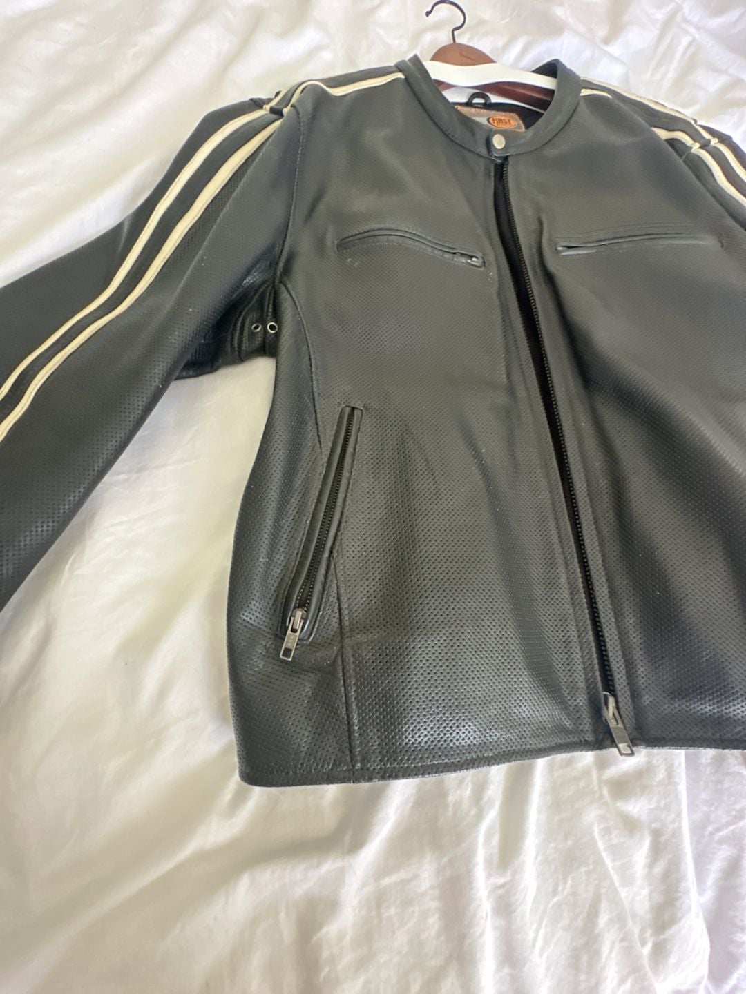 Classics Men's Perforated Black Leather Motorcycle Jacket with Racing Stripes 9