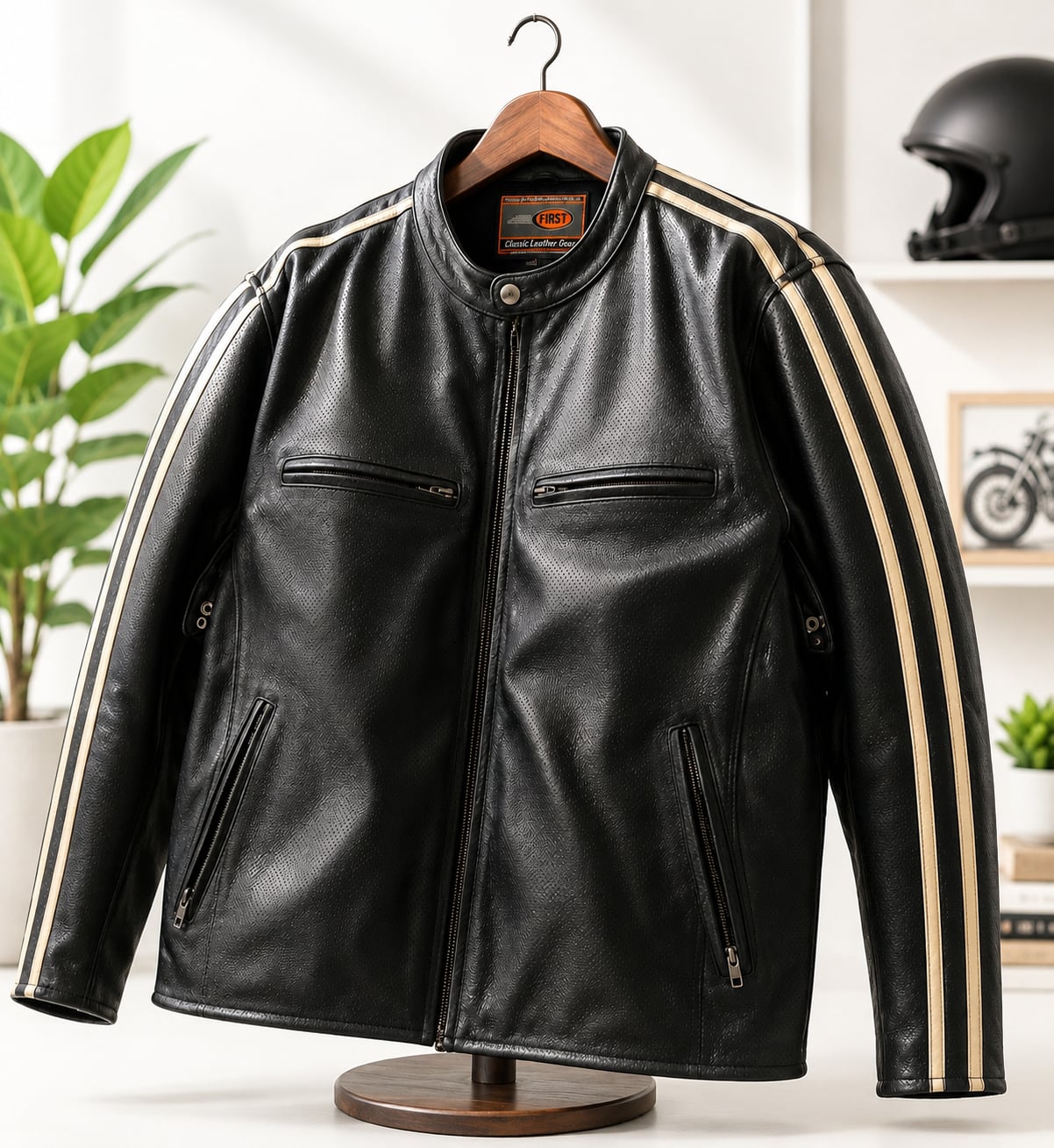 Classics Men's Perforated Black Leather Motorcycle Jacket with Racing Stripes 2