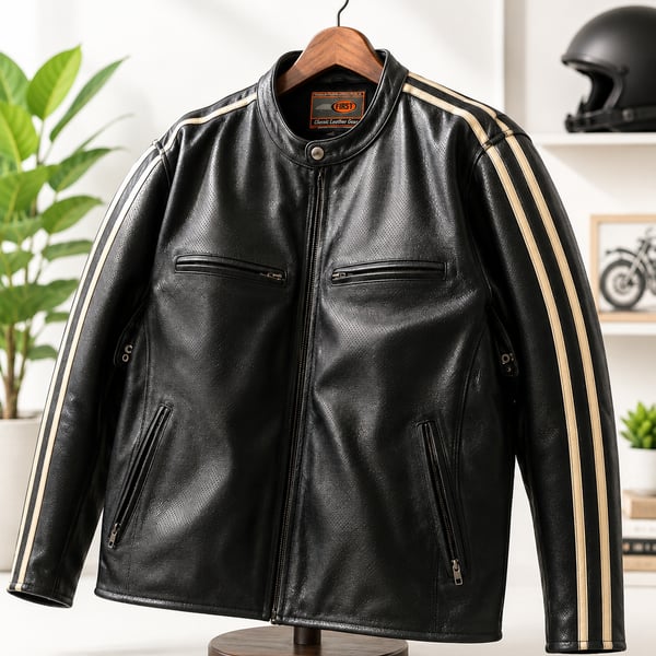 Classics Men's Perforated Black Leather Motorcycle Jacket with Racing Stripes
