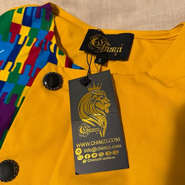 Chimzi Short Sleeve Yellow Stretchy Dress with Kente Print Accents