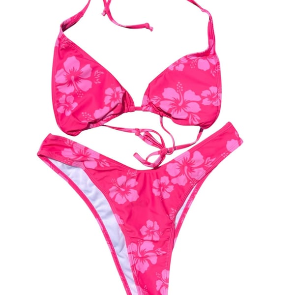 Pink Floral Hibiscus Print Halter String Bikini Set
