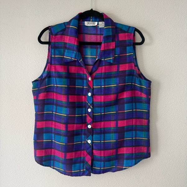 Rare 1980s Vintage Selene Sport Multicolor Plaid Button Up Sleeveless Top