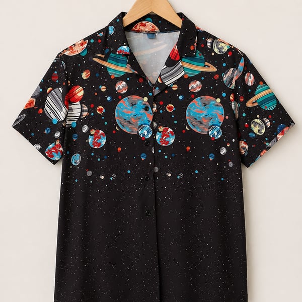 SHEIN Space Galaxy Print Short Sleeve Button-Up Shirt