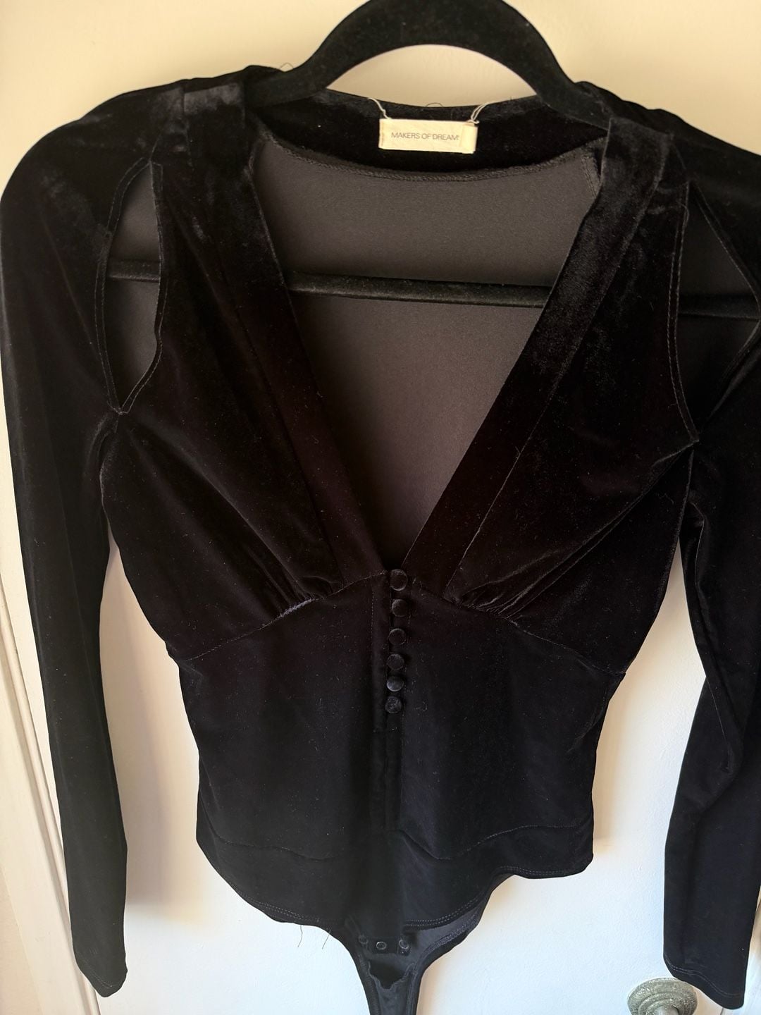 Makers Of Dreams Black Velvet Long Sleeve V-Neck Bodysuit 3