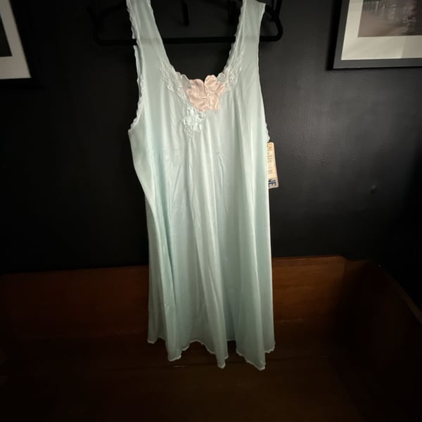 Vintage Lorraine Lingerie Baby Blue Nylon Nightgown with Floral Lace Detail