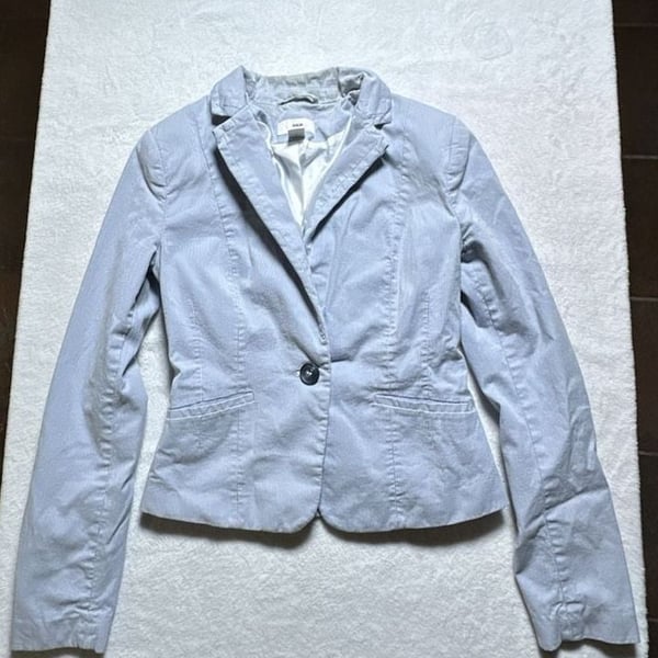 H&M Women's Light Blue Striped Cotton Blend Fitted Blazer