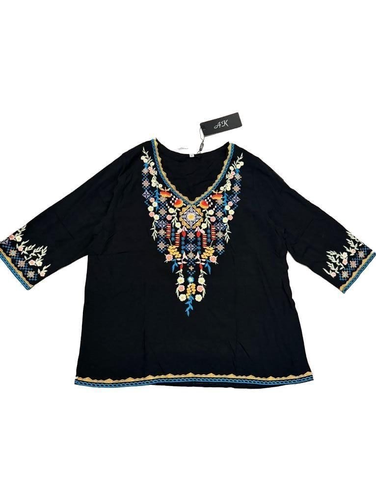 AK Floral Embroidered Bohemian 3/4 Sleeve V-Neck Blouse 2