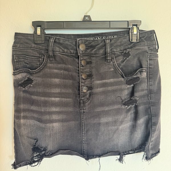 American Eagle Super StretchX Distressed Black Denim Button Fly Mini Skirt