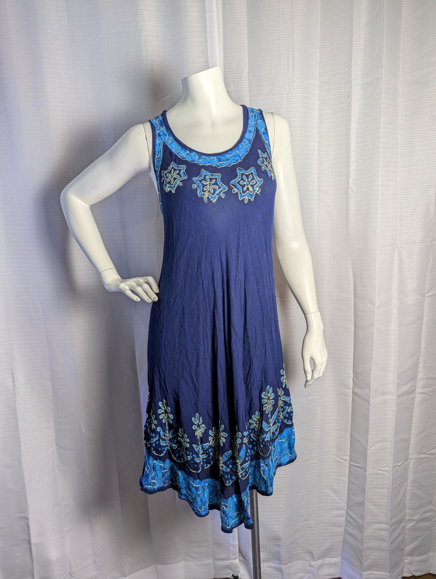 Blue Batik Embroidered Tank Dress with Asymmetrical Hem 2