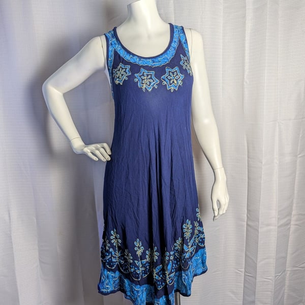 Blue Batik Embroidered Tank Dress with Asymmetrical Hem